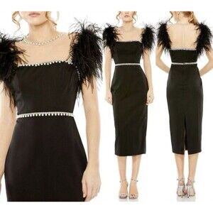 Mac Duggal Women's Black Feather Cap Sleeve Pearl Embellished Dress Size 16 Flaw